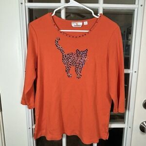 Quacker Factory Halloween Orange Rhinestone Black Cat  3/4 Sleeve Medium